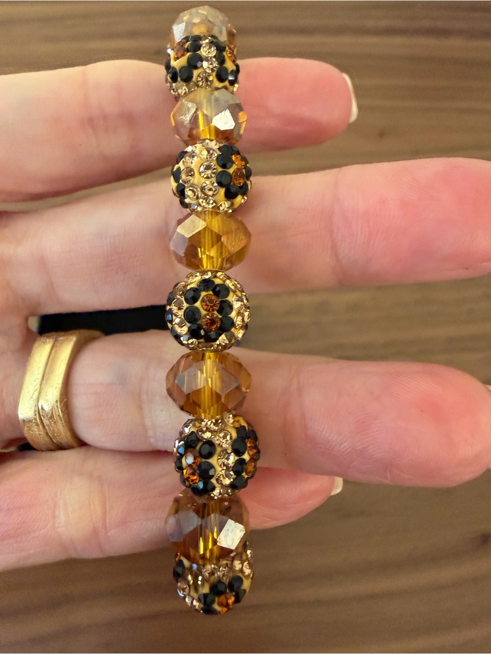 Handmade Amber Brown Crystal Rhinestone Beaded Stretch Bracelet - Picture 3 of 3